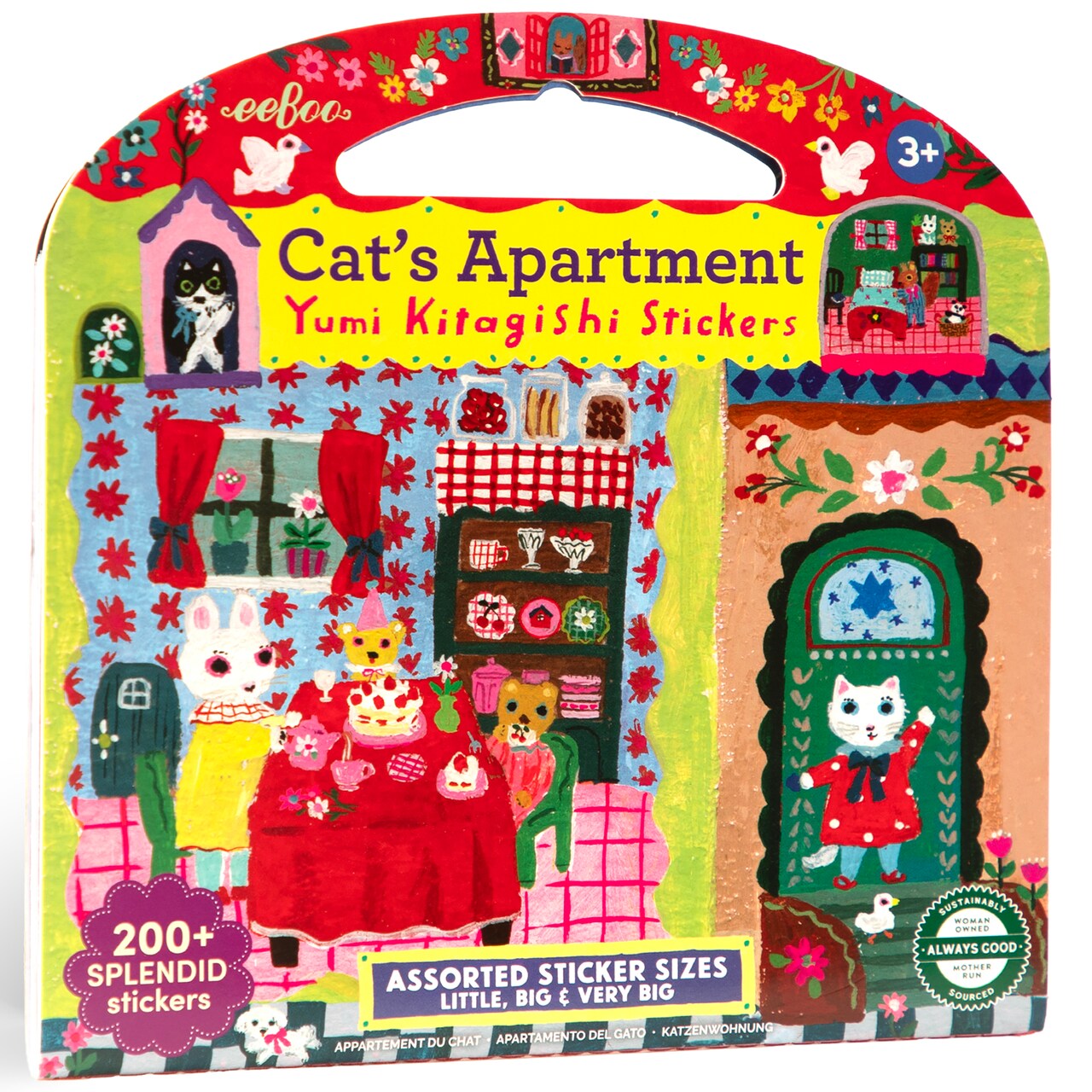 eeBoo: Cat’s Apartment Sticker Book - 200+ Charming Animal-Themed Stickers, 3 Sizes: Little-Big-Very Big, Carry Handle, Arts & Crafts Play, Kids 3+